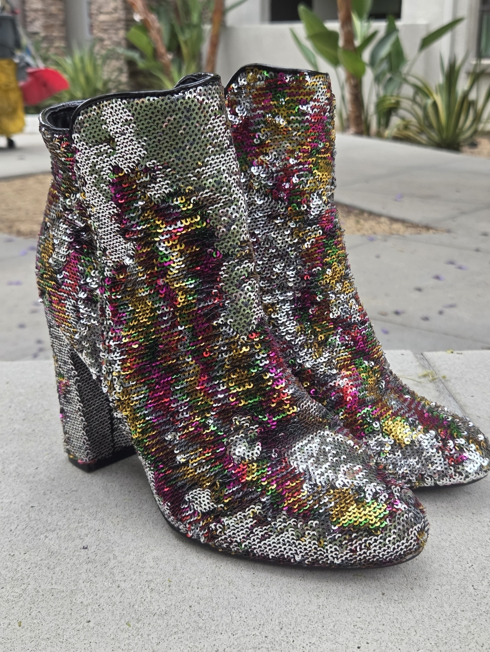 Bamboo Reversible Sequins Block Heel Ankle Bootie
